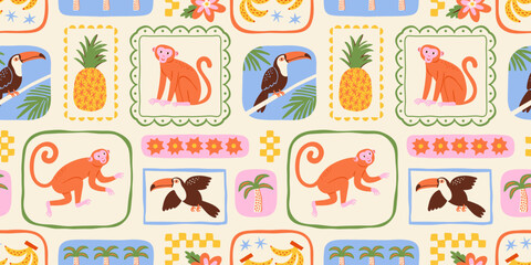 Fototapeta premium Retro hand drawn tropical summer seamless pattern. Traditional patchwork style background illustration. Vintage exotic nature textile print, jungle animal texture with monkey, toucan, palm tree.