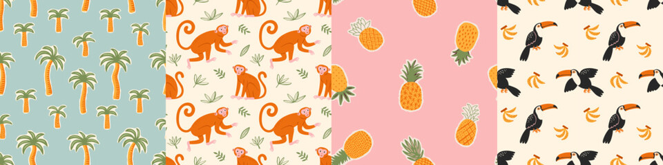 Obraz premium Retro hand drawn tropical summer seamless pattern set. Cartoon style background illustration. Vintage exotic nature textile print collection. Jungle animal texture with monkey, palm tree.