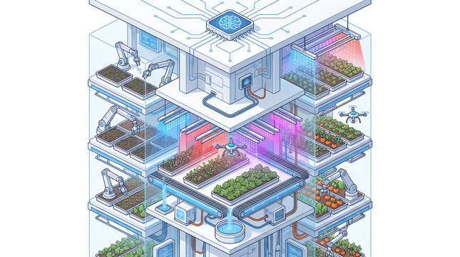 Isometric futuristic vertical farm powered by artificial general intelligence with robot arms and grow lights