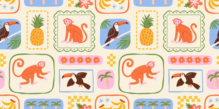 Retro hand drawn tropical summer seamless pattern. Traditional patchwork style background illustration. Vintage exotic nature textile print, jungle animal texture with monkey, toucan, palm tree.