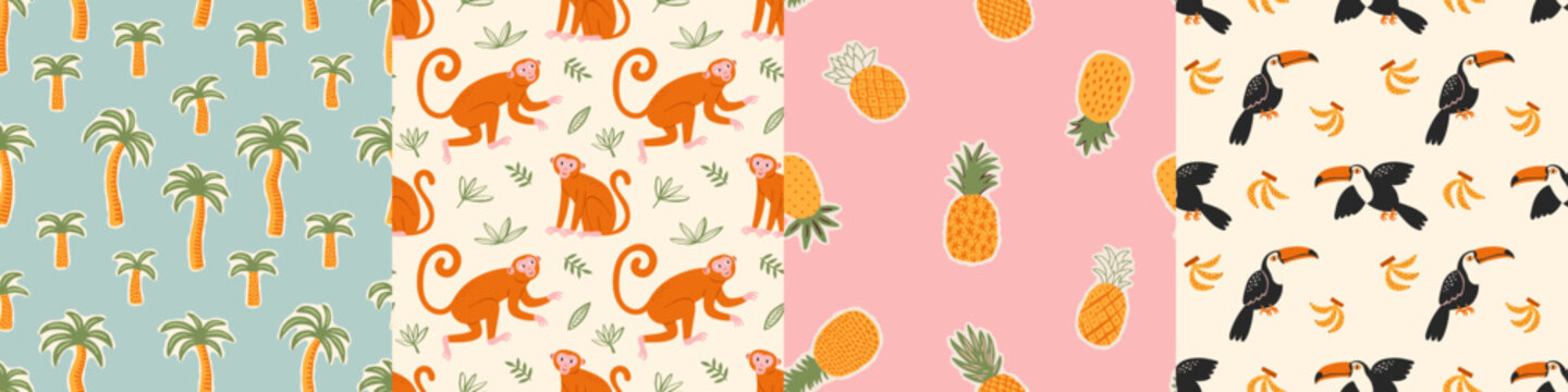 Retro hand drawn tropical summer seamless pattern set. Cartoon style background illustration. Vintage exotic nature textile print collection. Jungle animal texture with monkey, palm tree.