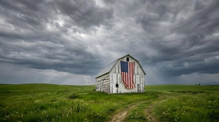 Obraz premium White barn with American flag in field under stormy sky