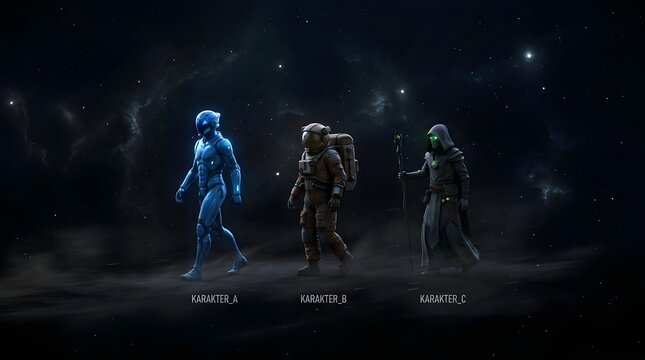Astronaut and hooded mage walking in space