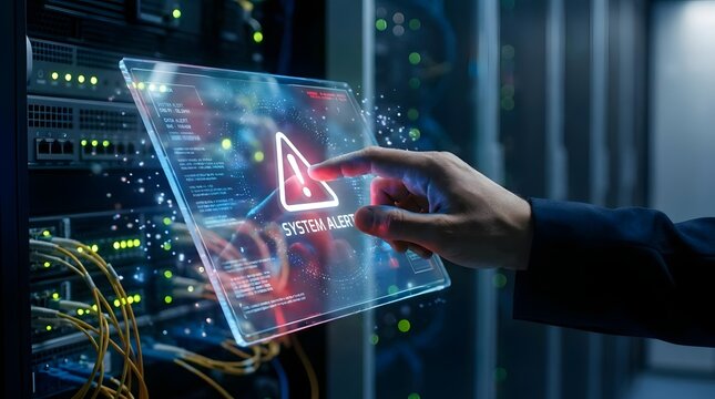 Hand touching digital system alert interface in server room