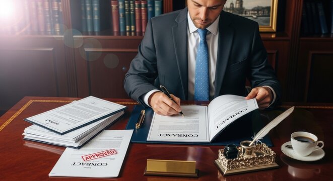 Professional lawyer signing legal contract in office, successful businessman reviewing corporate documents, attorney at mahogany desk with approved stamp