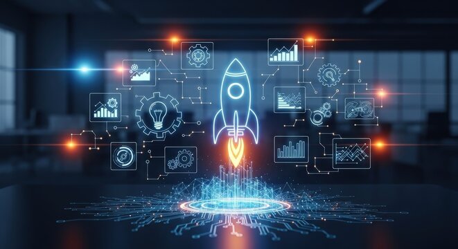 Futuristic business startup rocket launch, glowing digital hologram of spaceship and data icons, innovative technology concept for corporate growth