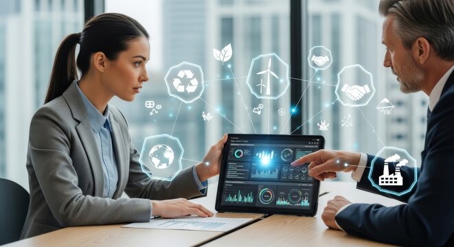 Sustainable business technology concept, corporate professionals analyzing ESG data on tablet, green energy and ecology icons in modern office