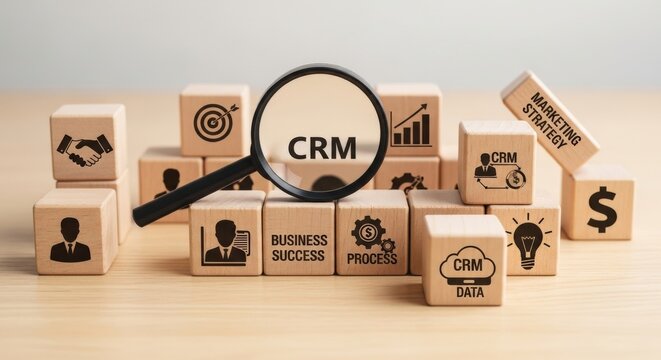 CRM customer relationship management concept, magnifying glass over wooden blocks with business icons, marketing strategy and data analysis tools