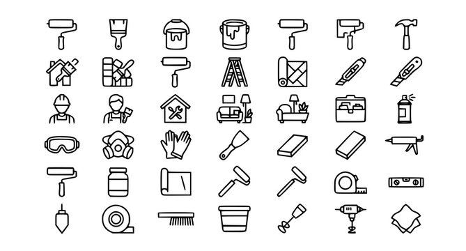 Paint Roller Painting Tools Editable Line Icon Vector Set