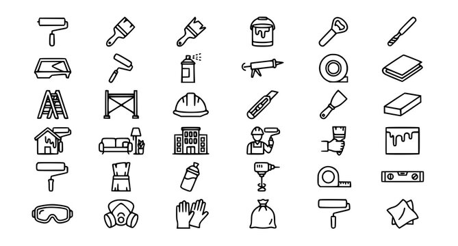 Painting Service Paint Roller Editable Stroke Vector Icons