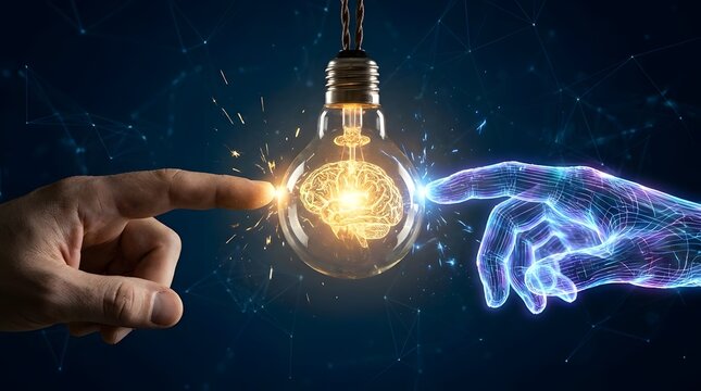 Human and digital hands touching glowing brain bulb