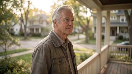 Fototapeta premium Middle-aged man on porch, looking away
