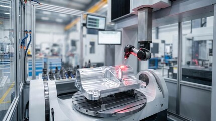 Fototapeta premium Robotic Laser Inspection of Precision Machined Metal Component in Modern Factory