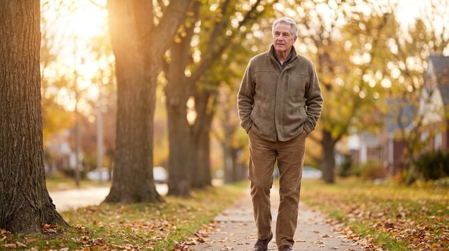 Man strolls along autumn sidewalk under trees with falling leaves