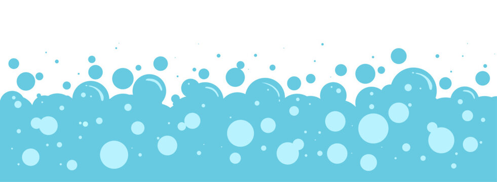 Foam bubble background, bath water soap. Blue laundry pattern, shampoo and wash or clean. Abstract fizz soda, cute effervescent border. Gas suds frame. Transparent horizontal bg. Vector illustration