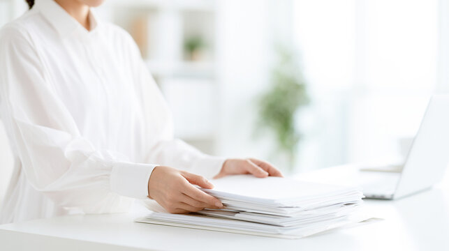 明るいオフィスで書類を整理する女性会社員の手元
