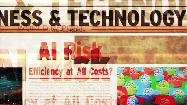 Ai risk breaking news. Artificial intelligence risks title headline newspaper. Information media print glitch and noise animation.