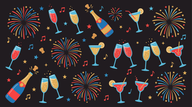 Colorful festive celebration scene with cocktails, champagne and fireworks.