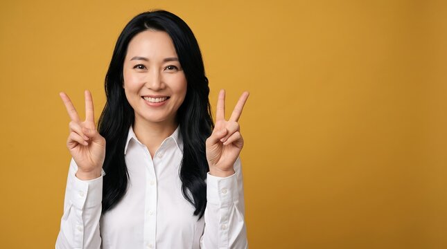 Happy Asian Woman Showing Peace Signs on Yellow Background