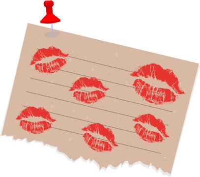 A vector illustration of a lined kraft paper sheet with a torn bottom edge, secured by a red push pin, featuring a red lipstick kiss mark in the center. Ideal for romantic messages, love notes, and cr