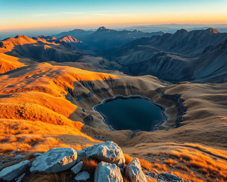 Crat&egrave;re volcanique spectaculaire rempli d'un lac bleu profond entour&eacute; de montagnes color&eacute;es aux teintes orang&eacute;es et dor&eacute;es au coucher du soleil