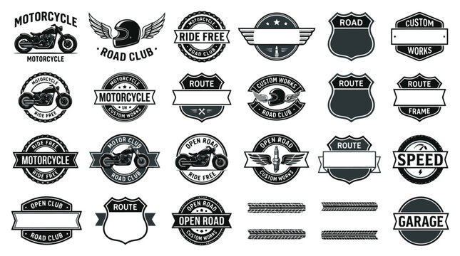 Vintage motorcycle badge collection, retro biker club emblems and garage logos, set of 24 black and white vector insignias for custom shop branding