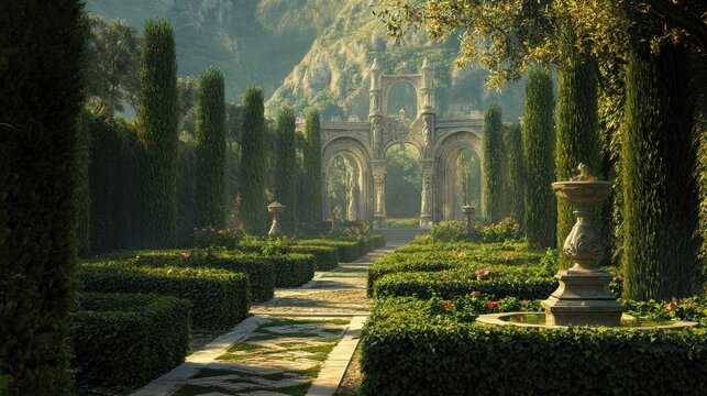 Ancient overgrown garden with classical statues and arched pathways