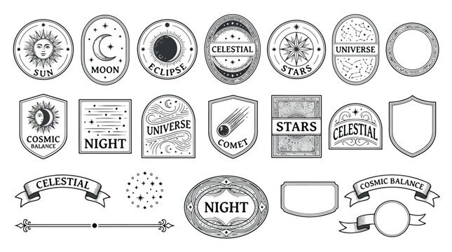 Celestial mystical logo collection, vintage occult astrology badges with sun and moon, 21 vector cosmic night sky emblems for branding