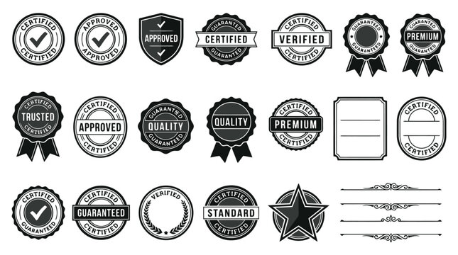 Vintage certified seal and quality stamp collection, 20 black vector guarantee badges, premium approved and trusted product labels for marketing