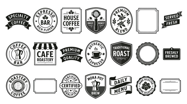 Vintage coffee shop badges and labels set, retro cafe roastery branding elements, black and white espresso bar vector icons for packaging