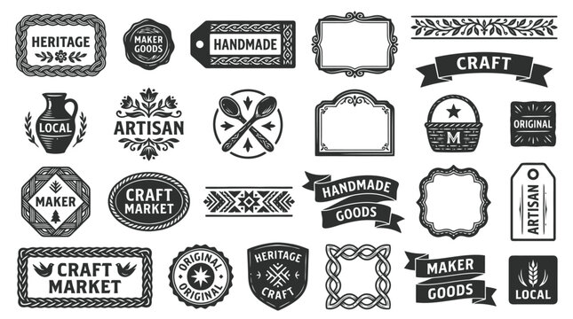 Vintage artisan labels and craft market badges, set of 25 handmade goods vector elements, rustic heritage branding icons for local makers