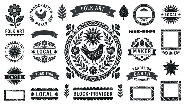 Folk art vector elements and badges, handcrafted maker logos with birds and flowers, rustic linocut style branding kit for local artisans