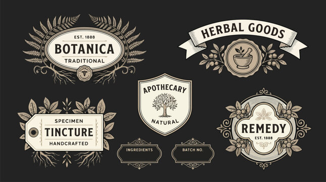 Vintage apothecary labels and herbal goods badges, set of 7 botanical tincture vector elements, retro remedy and botanica emblems