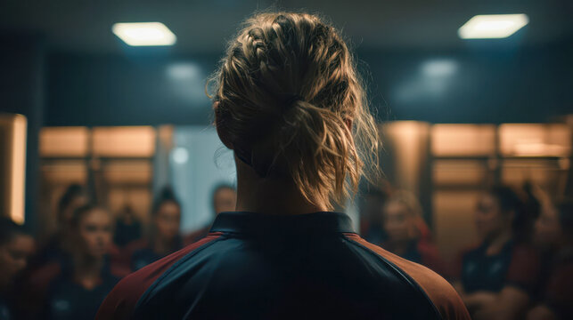 Female captain speaks to the team before the game in the locker room during evening practice session