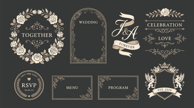 Vintage wedding invitation elements, elegant floral frames and crests set, luxury beige and charcoal stationery vector graphics for marriage celebration