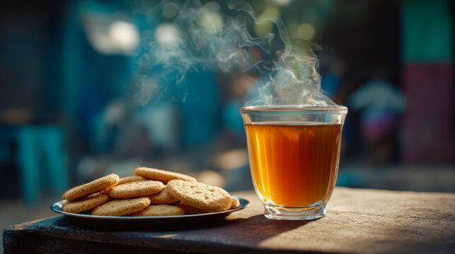Steaming hot tea in glass cup with cookies on plate, wooden table, warm beverage and biscuits snack, cozy refreshment break time