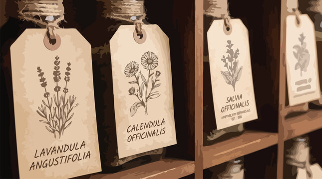 Vintage apothecary glass bottles with botanical labels, rustic herbal medicine jars on wooden shelf, antique pharmacy vector illustration