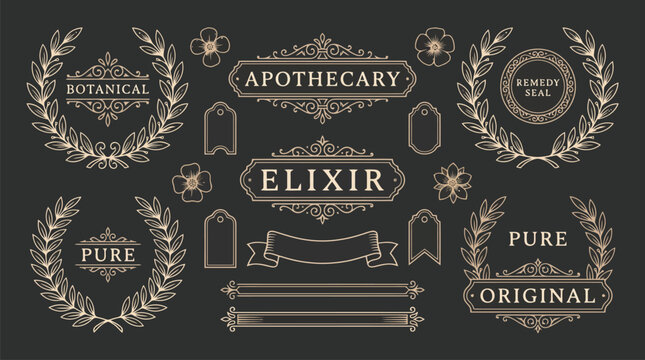 Vintage apothecary labels and botanical laurel wreaths, elegant gold filigree frames on dark background, luxury product packaging vector set
