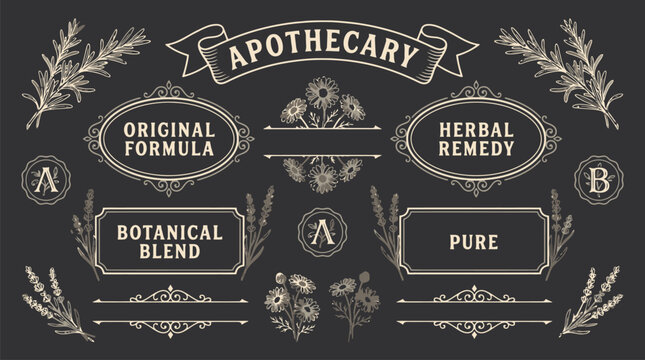 Vintage Apothecary Label Collection, Retro Botanical Herbal Remedy Frames, Hand Drawn Floral Ornaments and Victorian Borders on Dark Background