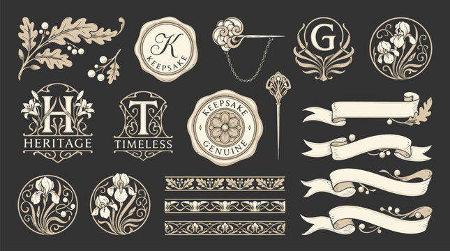 Vintage heraldic crests and elegant floral emblems, 18 decorative vector elements, ornate ribbons and wax seal stamps for luxury branding