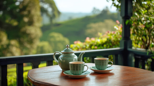 Green ceramic tea set with two cups on a round wooden table on a balcony overlooking a lush green landscape