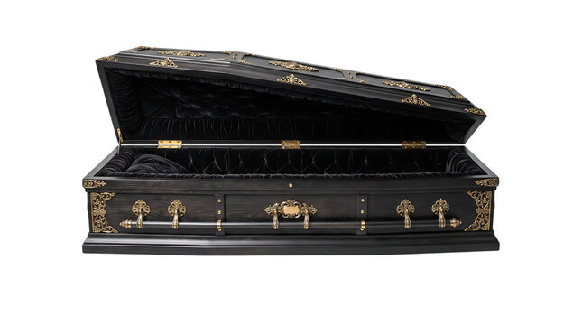 Open black coffin for Halloween. Gothic casket on a isolated transparent background png.