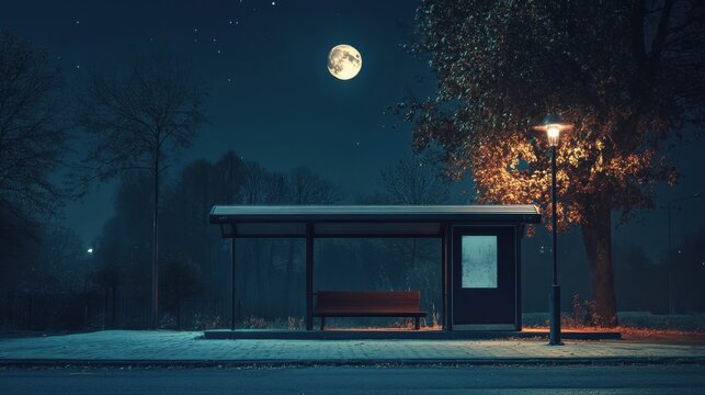 Moonlit night at empty bus stop with autumn leaves and streetlight glow