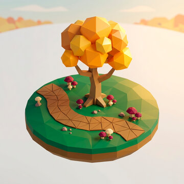 Low poly 3D illustration of an autumn tree on a small floating island with a path and flowers in isometric style for game assets or design