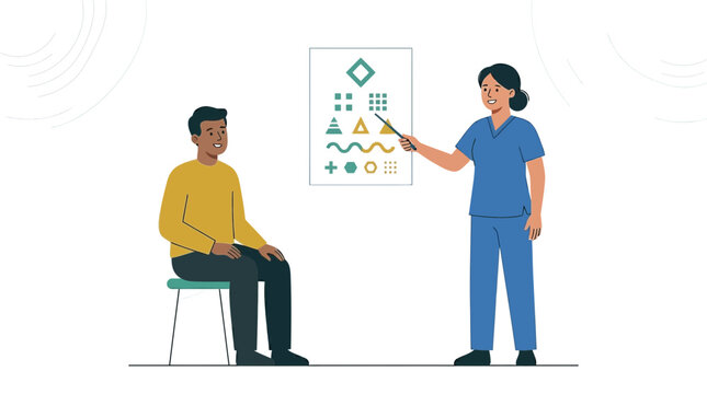 Nurse conducting eye test for patient with chart featuring abstract shapes and symbols, vector illustration.