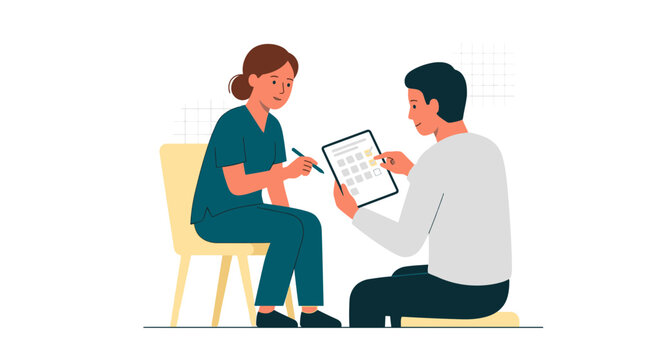 Nurse consulting with patient, healthcare professionals discussing medical records and treatment on tablet, modern flat illustration