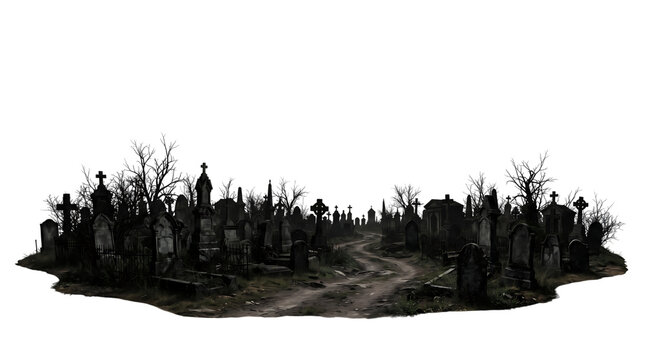 Spooky graveyard landscape. Scary cemetery scene on a isolated transparent background png