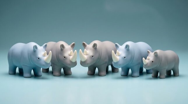 Row of ceramic rhinoceros figurines on blue surface