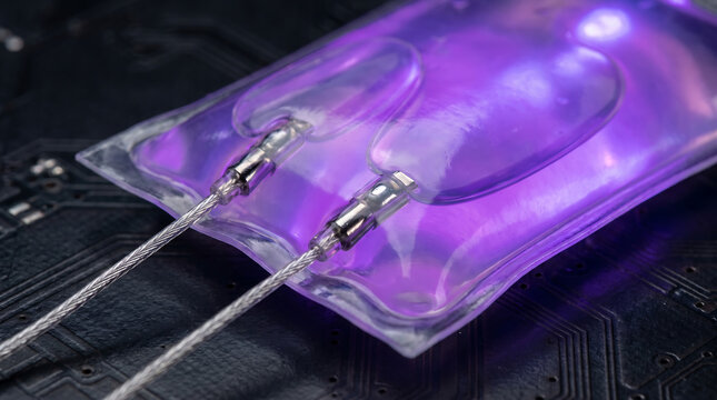 Futuristic liquid energy cell with glowing purple fluid and silver wires on dark circuit board background