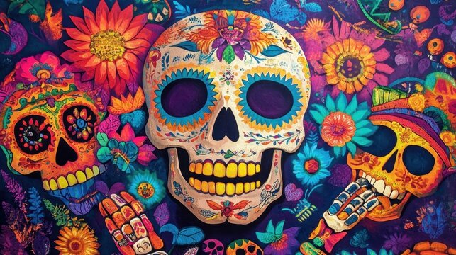 Colorful calaveras with flowers celebrating d&iacute;a de los muertos